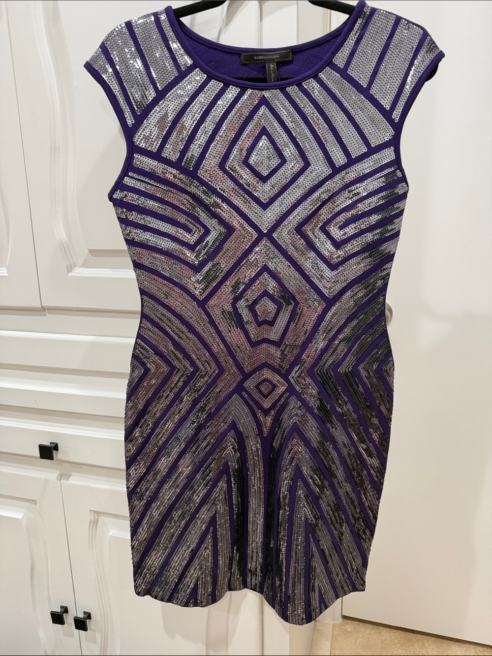 BCBGMAXAZRIA Purple Sequin Geometric Sheath Dress